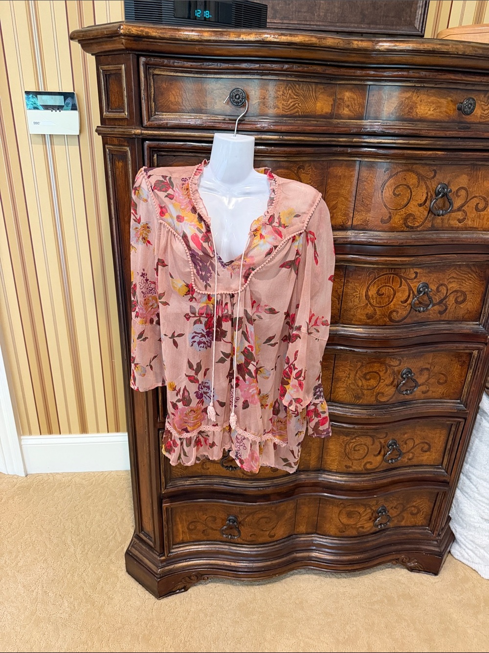 BKE Pink Floral Tie-Front Ruffle Blouse